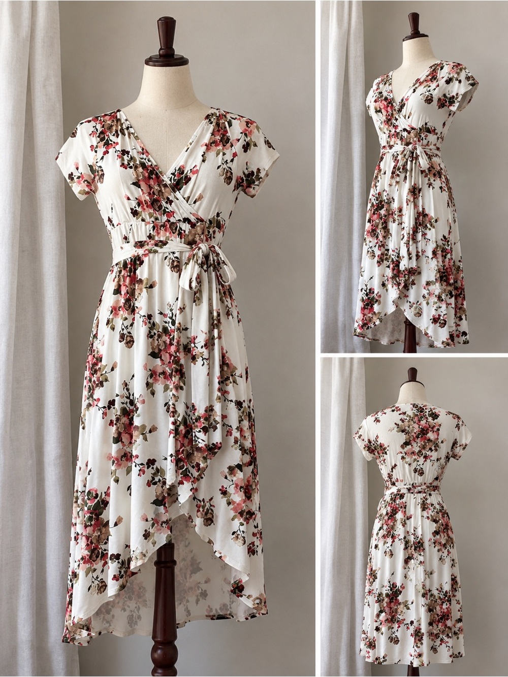 Floral Wrap High-Low Dress in Cream with Pink Bouquet